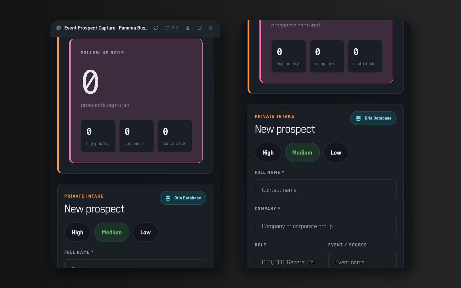 A prospect capture application on the phone: a follow-up room counting what was captured and a form for a new prospect with its priority